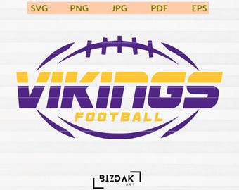May include: Purple and yellow graphic design with the word "VIKINGS" in bold letters and the word "FOOTBALL" below it. The design is set inside a purple football outline.