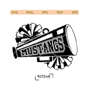 May include: Black and white silhouette of a megaphone with the word "MUSTANGS" on the side. A cheerleading pom-pom is on either side of the megaphone.