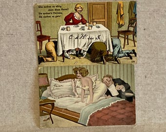 Two Vintage Risqué French Cartoon Postcards - ORIGINAL - Circa early 1900s
