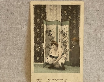 Vintage "Colorized" Risqué French Postcard - ORIGINAL - Circa 1900s - "Un Petit Besoin"