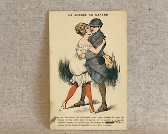 Vintage Risque French Humor Postcard - ORIGINAL - Circa 1920s - "La Chasse Au Cafard"