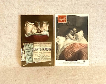 Two Vintage Colorized French Postcards - "Couples in Bed" - Circa 1920s