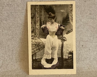 Vintage Risqué "Colorized" French Postcard - ORIGINAL - Circa early 1900s - "Woman Undressing"