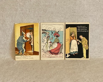 Three Vintage Risqué-Humored Postcards - Parisian Illustrations circa 1900s - ORIGINAL