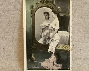 Vintage Risqué "Colorized" French Postcard - ORIGINAL - Circa early 1900s - Woman in the Mirror