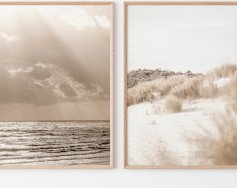 Neutral Beach Print Set of 2, Wall Art Boho, Coastal Wall Art, Grass Print, Ocean Poster, Beach Decor, Beachy Prints, 2 Pieces Wall Art