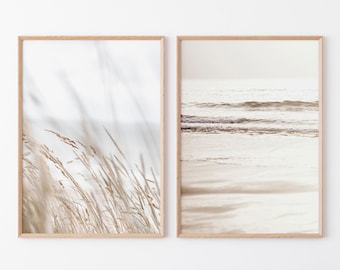 Neutral Beach Print Set of 2, Wall Art Boho, Coastal Wall Art, Grass Print, Ocean Poster, Beach Decor, Beachy Prints, 2 Pieces Wall Art