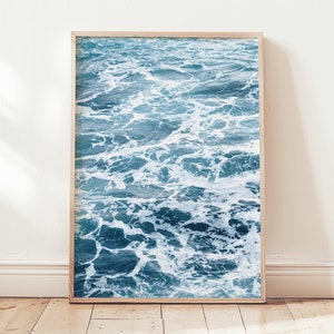 Cartel del mar, Olas del océano, Vista aérea del mar, Arte minimalista de la pared azul, Paisaje marino, Agua azul, Impresión de surf, Foto del baño