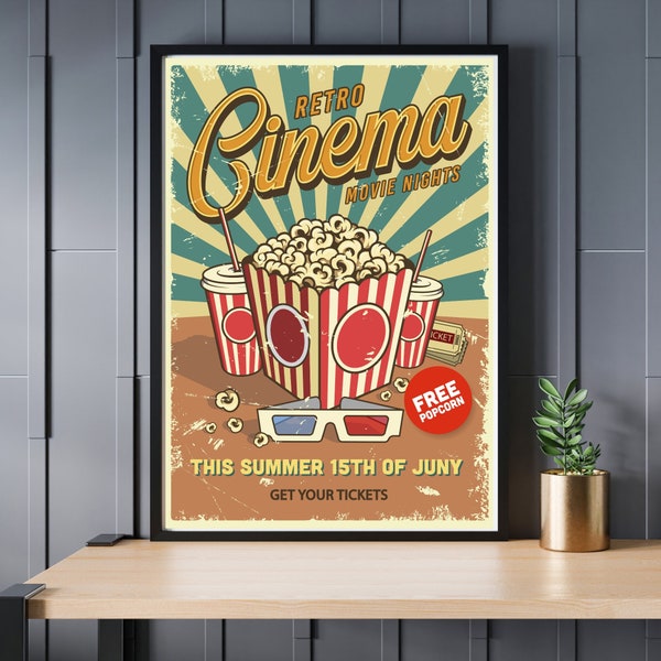 Printable Retro Cinema Picture, Classic Cinema Poster, Vintage Style Download Picture, Retro Movie Night, Free Download