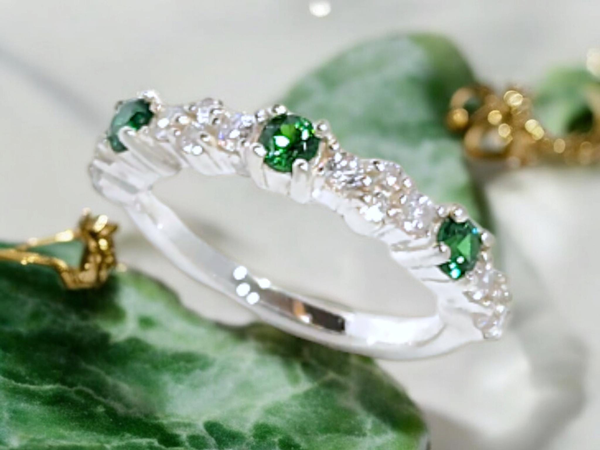 Emerald Green Gemstone Wedding Band: White CZ Half Eternity Ring - Etsy