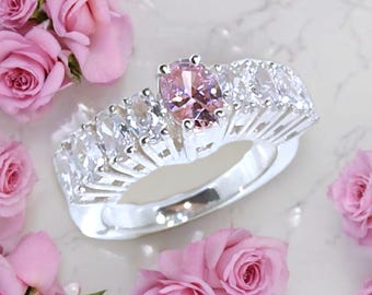 Pink GEM OVAL Anniversary Band, Wedding Ring for Women Engagement Ring, Half Eternity Available in full colors