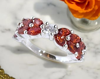 Garnet Marquise Wedding Band: Dark Orange Gemstone Double Line Ring