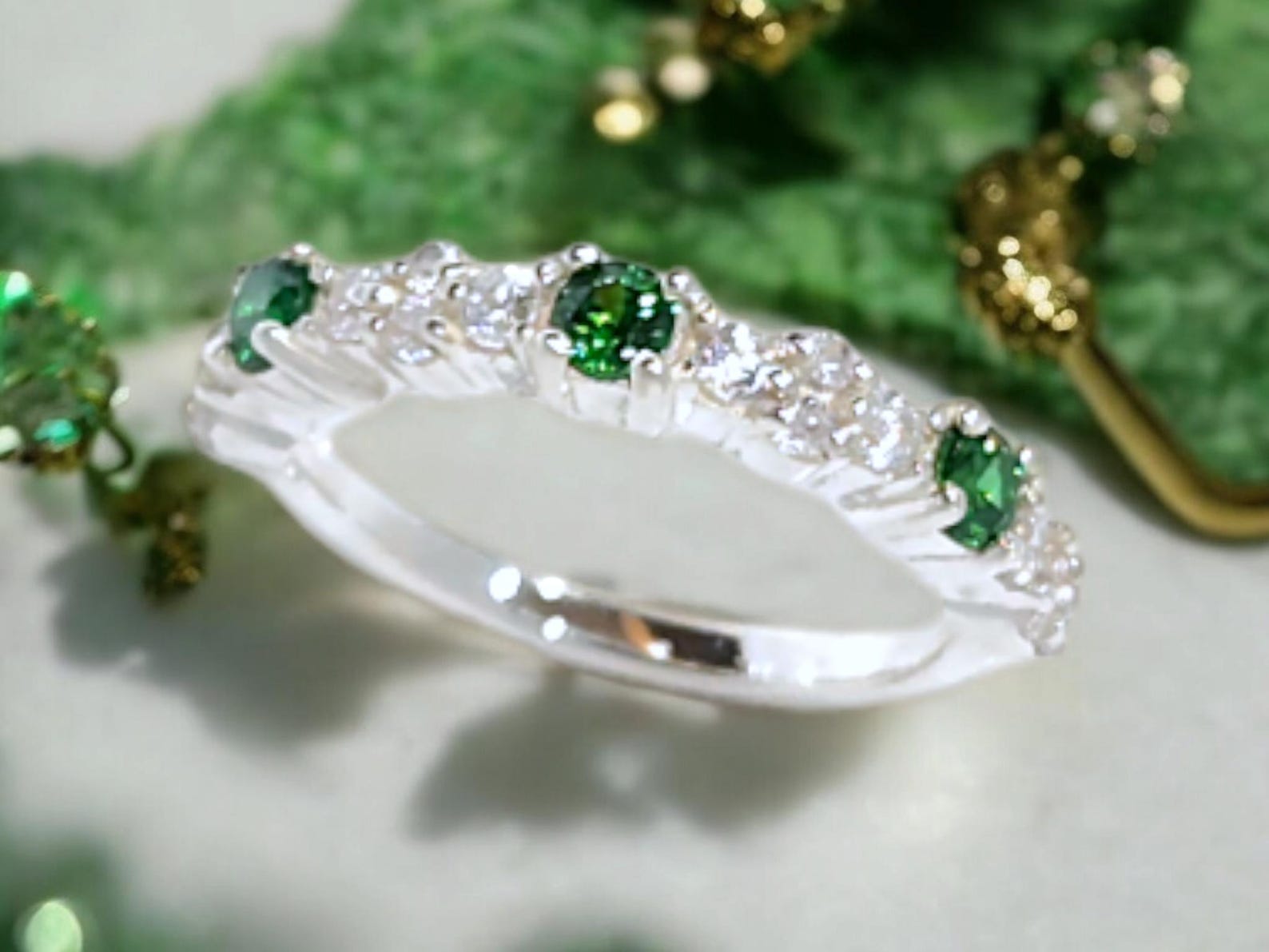 Emerald, Green GEMSTONE Wedding Band With White CZ Stacking Bridesmaid ...