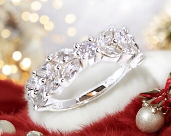 CZ Gemstone Marquise Wedding Band: Double Line Anniversary Ring