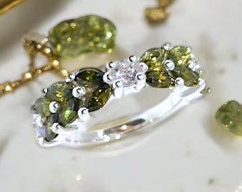 Peridot Gemstone Marquise Wedding Band: Double Line Anniversary Ring