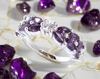 Amethyst Gemstone Marquise Double Line Ring: Wedding Anniversary Band