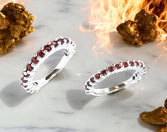 Garnet Eternity Band Ring: Sterling Silver Shared Prong Wedding Band