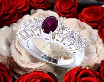 Red GARNET OVAL Anniversary Band, Wedding Ring for Women Engagement Ring, Half Eternity Available in full colors