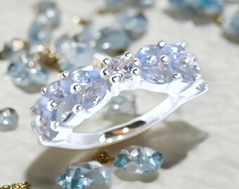 Aquamarine Gemstone Marquise Wedding Band: Double Line Stacking Ring