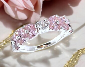 Pink Gemstone Marquise Wedding Band: Double Line Anniversary Ring