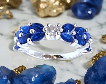 Blue Sapphire Marquise Wedding Band: Double Line Anniversary Ring