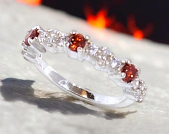 Garnet Wedding Band: Dark Orange Gemstone, White CZ Half Eternity Ring