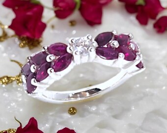 Red Garnet Marquise Wedding Band: Double Line Anniversary Ring