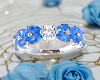 Blue Sky Gemstone Marquise Wedding Band: Double Line Anniversary Ring