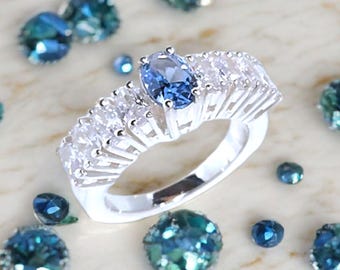 Aquamarine OVAL Anniversary Band, Wedding Ring for Women Engagement Ring, Half Eternity Available in full colors