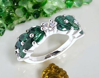 Emerald Green Gemstone Marquise Wedding Band: Double Line Anniversary Ring