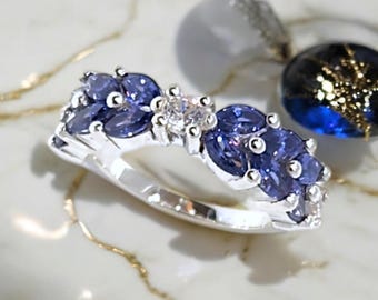 Tanzanite Gemstone Marquise Wedding Band: Double Line Anniversary Ring