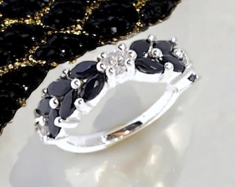 Black Gemstone Marquise Wedding Band: Double Line Anniversary Ring