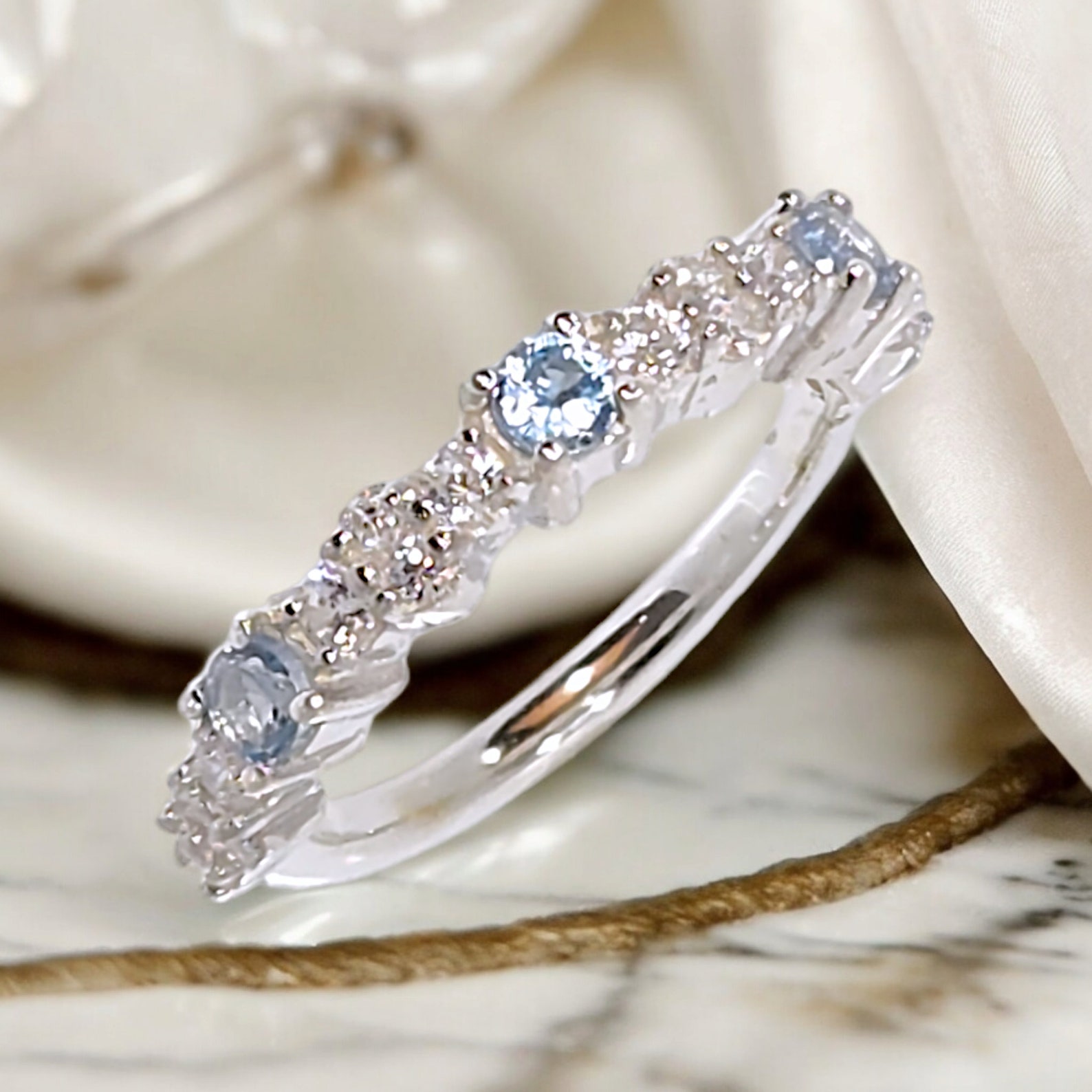 Aquamarine Gemstone Wedding Band: CZ Half Eternity Stacking Ring - Etsy