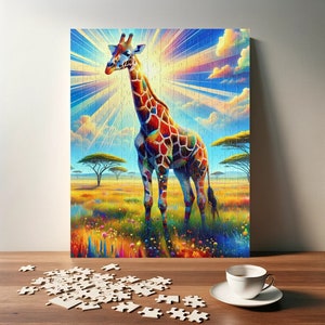 Vivid Mosaic Giraffe Puzzle - Radiant Safari Sunrise Jigsaw - Serengeti Majesty - Colorful Wildlife Lover Gift (110, 252, 520, 1014 piece)