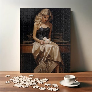 Glamorous Lady with Roses Puzzle - Vintage Elegance - Classic Beauty Jigsaw - Timeless Fashion Portrait Puzzle (110, 252, 520, 1014 piece)