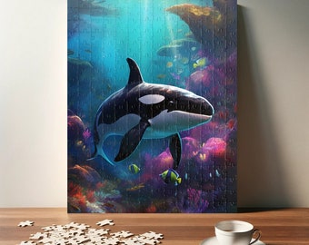 May include: A black and white orca swims through a vibrant coral reef. The orca is surrounded by colorful fish and coral. The background is a deep blue ocean.