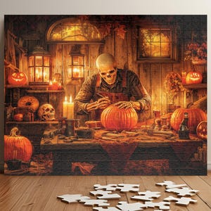 Skeleton Pumpkin Carver Puzzle - Spooky Halloween Workshop Jigsaw - Perfect Gift for Horror and Autumn Lovers (110, 252, 520, 1014 piece)