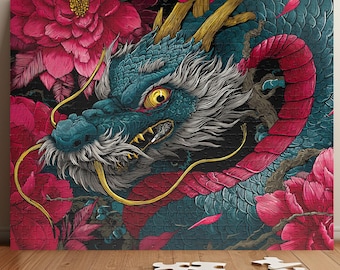 日本の龍のパズル - 獰猛な蛇と牡丹の花のファンタジージグソー - 東洋