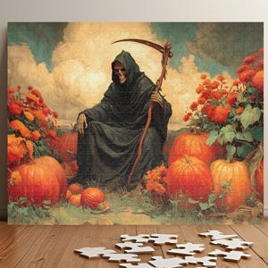 Grim Reaper Vintage Painting Style Puzzle - Pumpkin Patch Halloween Jigsaw - Gift for Spooky and Fall Decor Fans (110, 252, 520, 1014 piece)