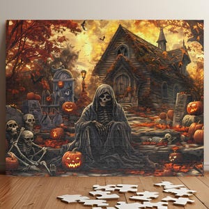 Haunted Graveyard Puzzle - Spooky Skeletons and Pumpkins Jigsaw - Halloween Lovers Gift - Horror Lover Game (110, 252, 520, 1014 piece)
