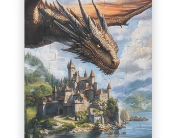 Kinderpuzzle 30-Teile - Majestätischer Drache über Burg Jigsaw - Fantasy-Abenteuerspiel für Kinder - Lernspielzeug - Mythische Welt Thema