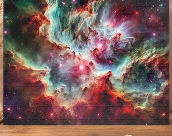 May include: A rectangular jigsaw puzzle featuring a vibrant nebula with swirling clouds of red, teal, and purple gas, illuminated by bright white stars and glowing clusters, with five loose puzzle pieces resting on the wooden surface.