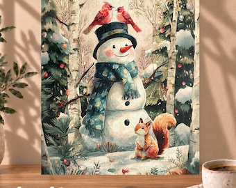 Rompecabezas de muñeco de nieve para adultos · Rompecabezas navideño de muñeco de nieve · Cardenales, ardilla roja, abedules, bosque nevado · Regalo acogedor de invierno