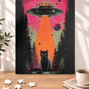 Retro UFO Cat Puzzle - Vintage Sci-Fi Alien Abduction Jigsaw - Fun Family Gift Activity - Mental Workout (110, 252, 520, 1014 piece) image 1