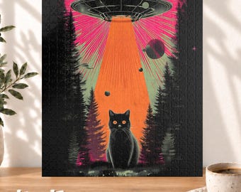 Retro UFO Cat Puzzle - Vintage Sci-Fi Alien Abduction Jigsaw - Fun Family Gift Activity - Mental Workout  (110, 252, 520, 1014 piece)