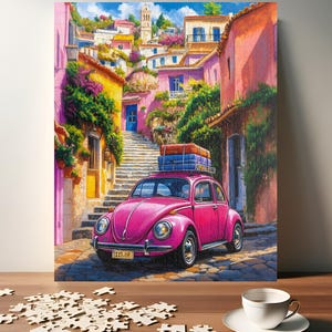 Vintage roze keverpuzzel - kleurrijke Europese dorpspuzzel - perfect cadeau voor reis- en retroliefhebbers (110, 252, 520, 1014 stuks)