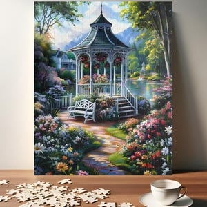 Victorian Gazebo Garden Puzzle - Tranquil Floral Retreat Jigsaw - Gift for Nature and Cottagecore Lover (110, 252, 520, 1014 piece)