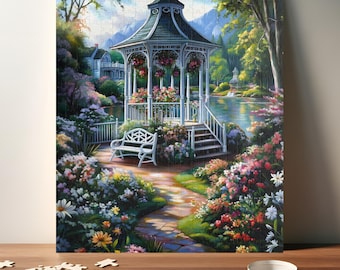 Victorian Gazebo Garden Puzzle - Tranquil Floral Retreat Jigsaw - Gift for Nature and Cottagecore Lover (110, 252, 520, 1014 piece)