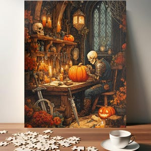 Skeleton Carving Pumpkin Puzzle - Spooky Halloween Gothic Jigsaw - Haunted Workshop Fantasy Gift for Horror Fans (110, 252, 520, 1014 piece)
