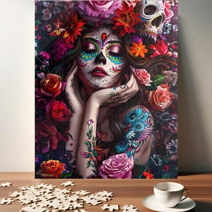 Rose and Tattoos Puzzle - Floral Sugar Skull Jigsaw - Halloween Game - Gothic Lover Gift - Mind Exercise Hobby (110, 252, 520, 1014 piece)